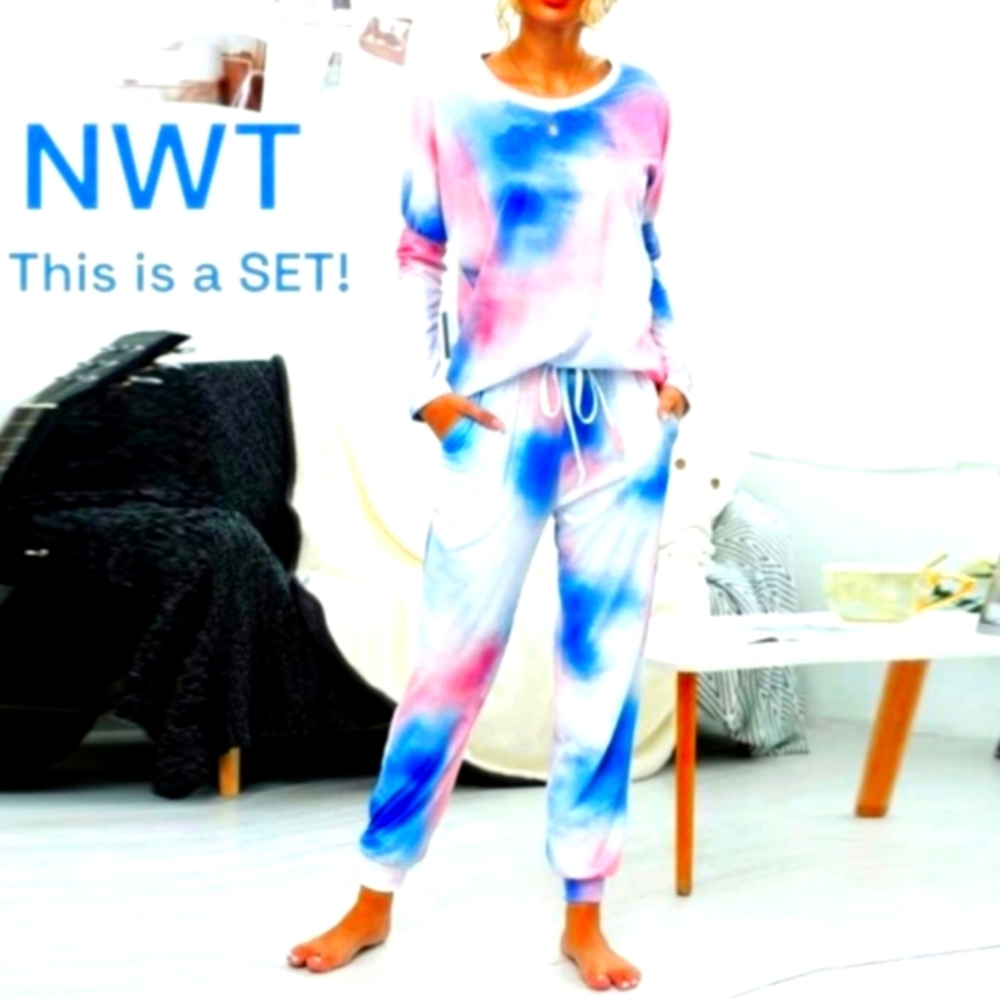 NWT SET Women's Vibrant tie-dye lounge SET pink, blue, and white XXL